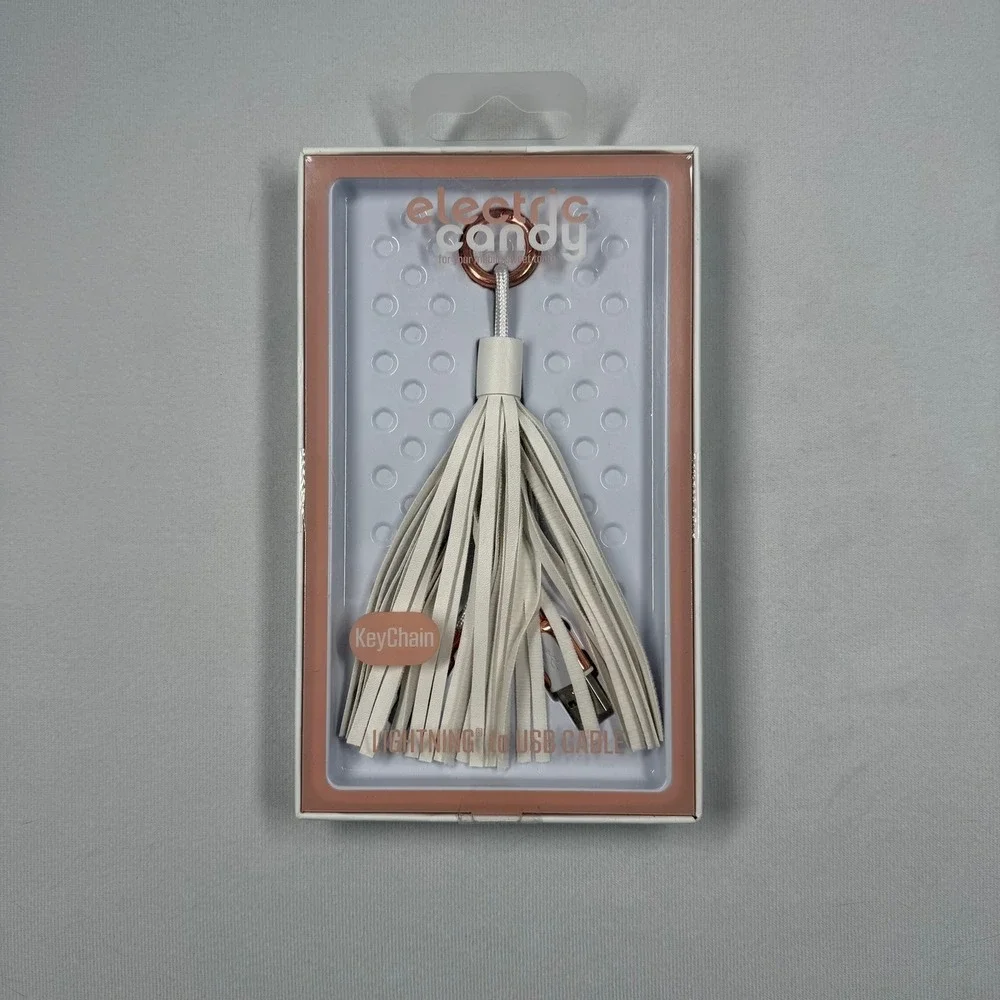Electric Candy Tassel Keychain Lightning to USB Cable Cream Rose Gold New